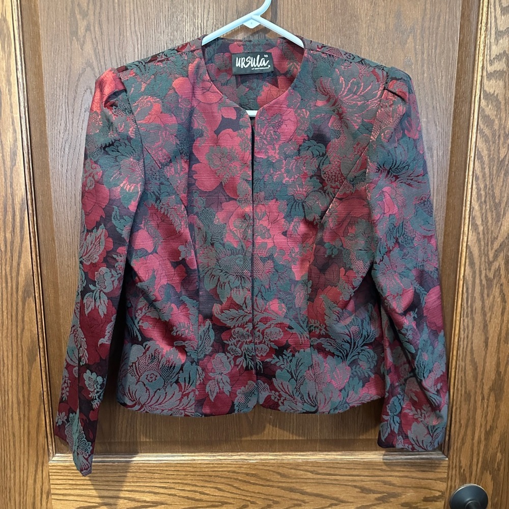 URSULA of SWITZERLAND Brocade Floral Blazer Jacket Womens Size 10 Burgundy Green
